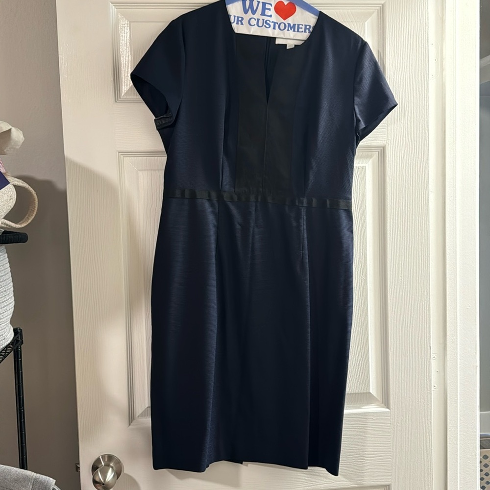 Hugo Boss Navy and Black Check Print Dress with Black Grosgrain Trim Size 10